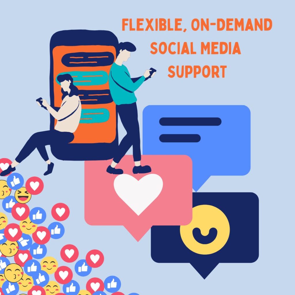 An illustration featuring two people interacting with a large smartphone and social media elements, including speech bubbles, a heart, and various emojis like likes and smiles, with the text "FLEXIBLE, ON-DEMAND SOCIAL MEDIA SUPPORT" at the top.