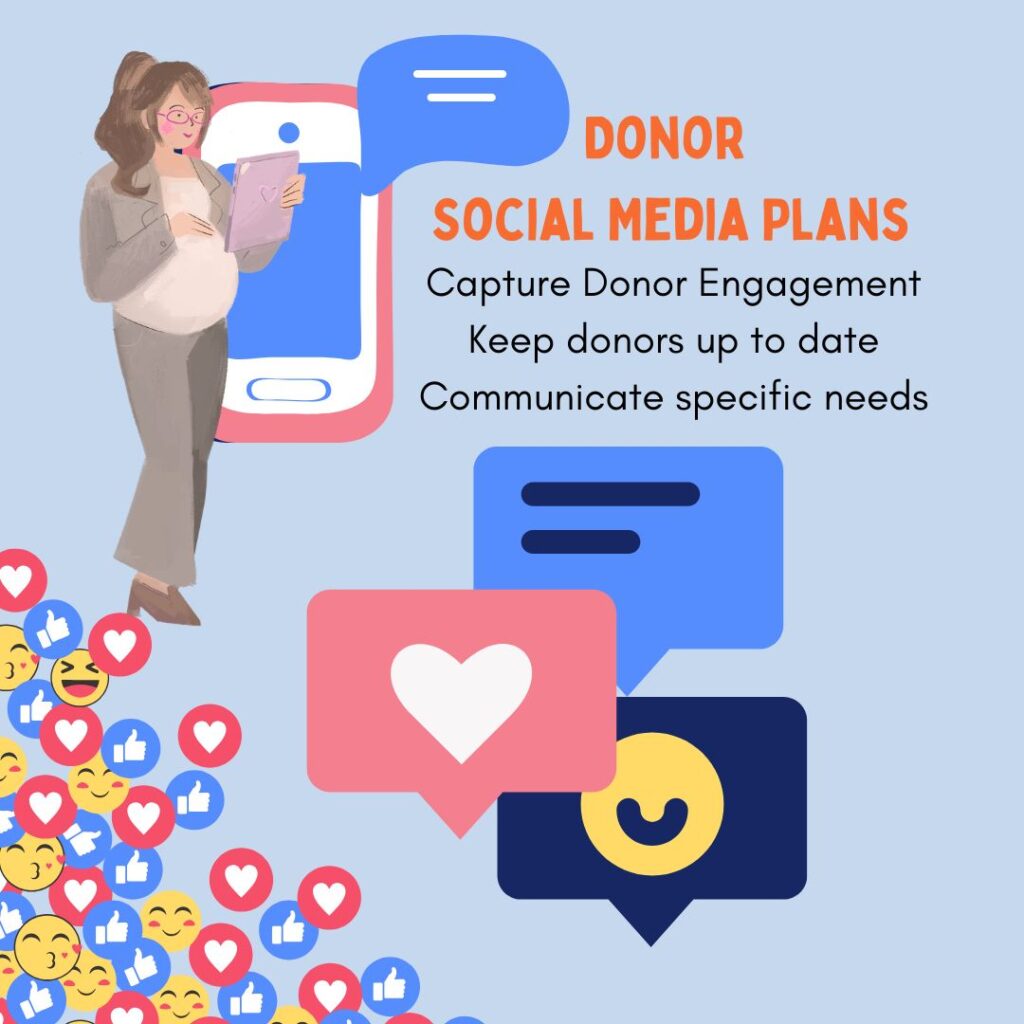 A Graphic of a young pregnant woman looking at her tablet, with a cell phone behind her. Image promotes Donor Social Media Plans for pregnancy centers.