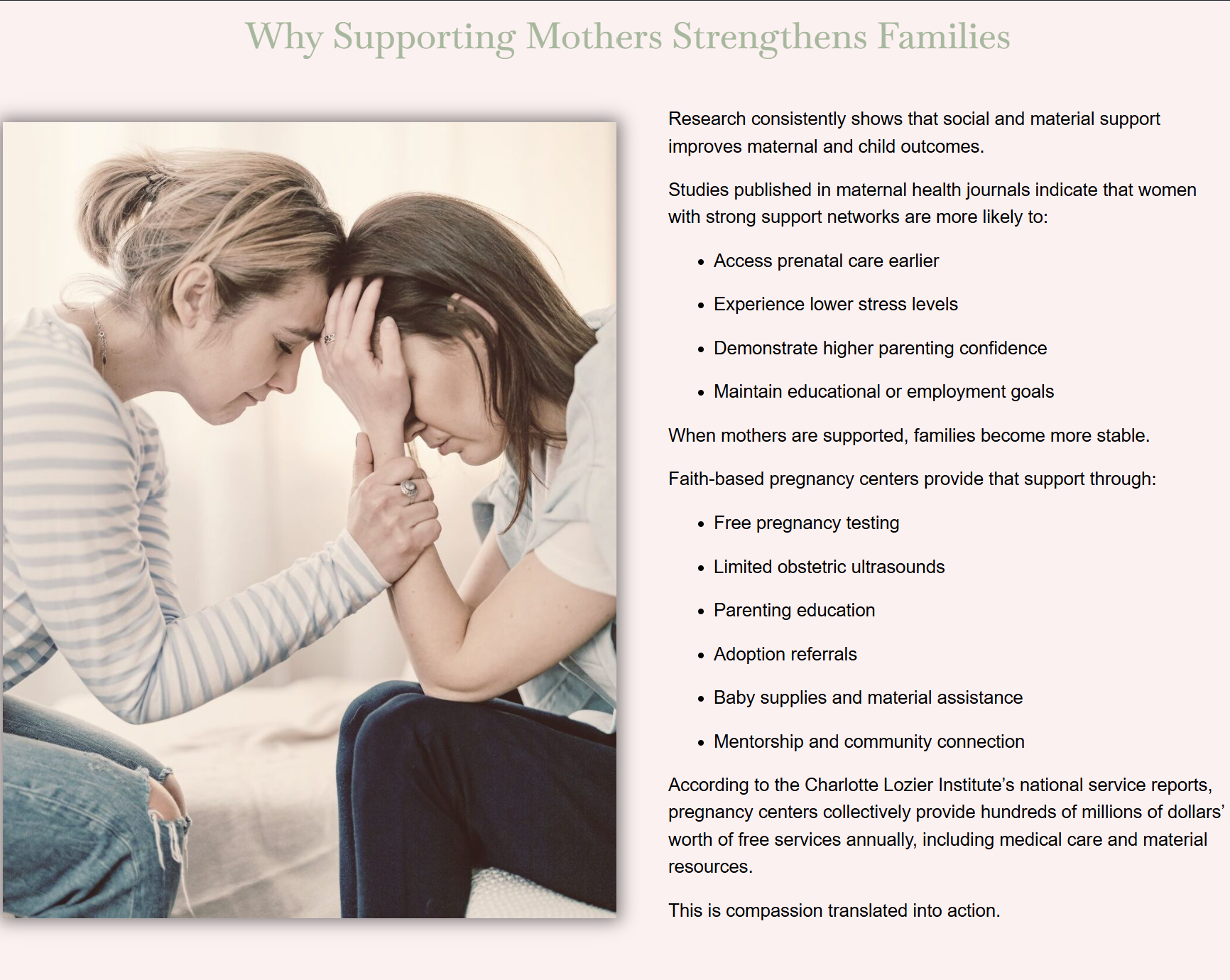 A women compassionately supporting a women struggling with finding out she is pregnant.