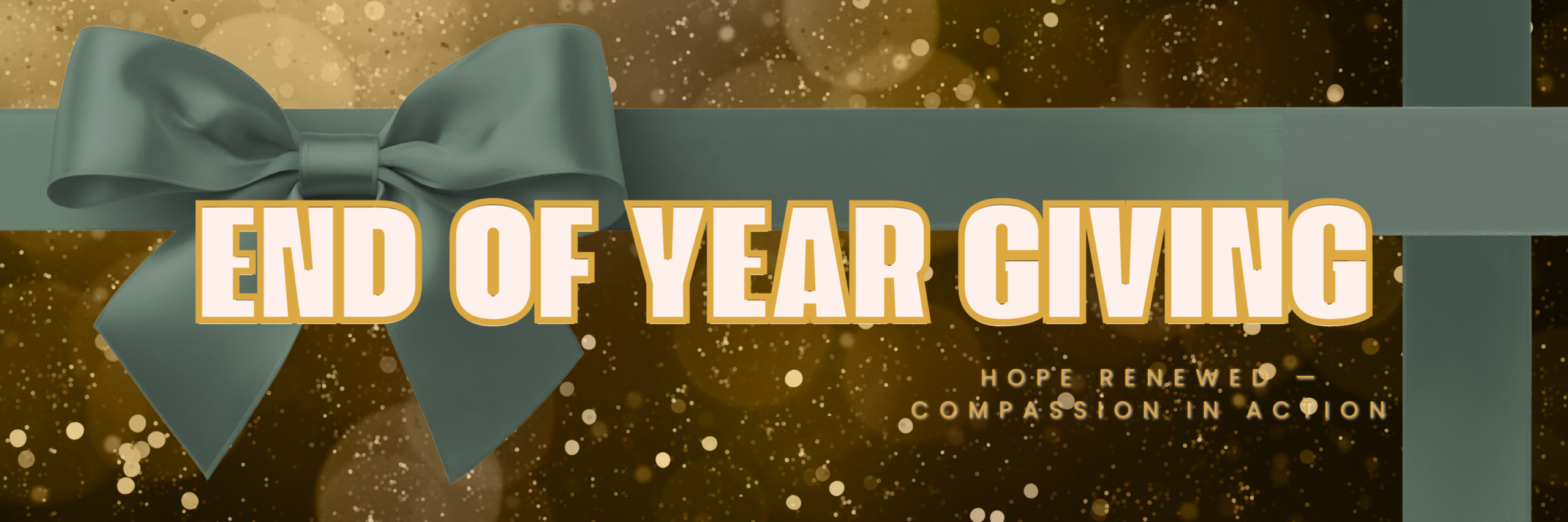 Gold lights and glitter with a green bow. End of Year giving.